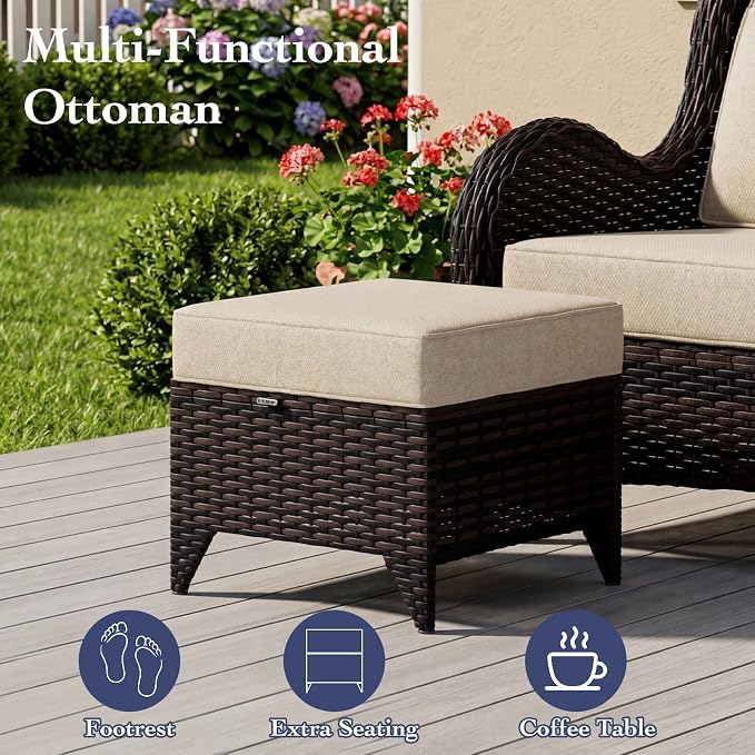 7 Pieces Outdoor Patio Furniture Set with 5" Thick Cushions, Weather-Resistant Wicker High Back Swivel Rocker Chairs, Patio Conversation Set for Outside Porch Deck Garden，Beige