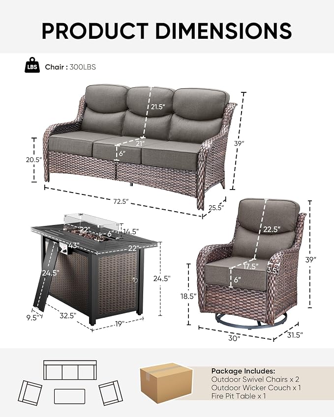 HUMMUH 4 Pieces Patio Furniture Set with Fire Pit High Back Outdoor Furniture Set 6-inch Cushions Wicker Patio Swivel Rocker Chairs for Balcony Garden,Lawn,Deck