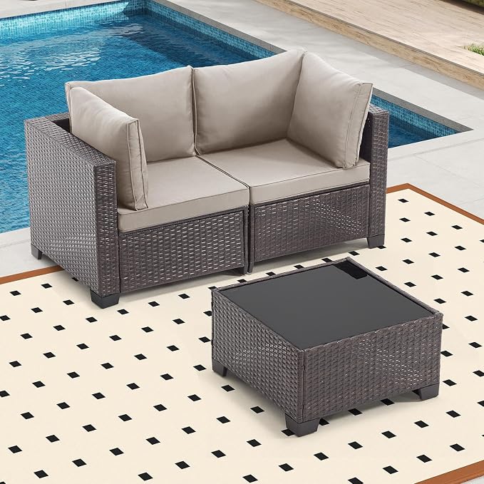 Bonzy Home 3 Pieces Outdoor Patio Furniture Set, PE Rattan Outdoor Sectional Furniture Sofa Set with Removable Cover and Glass Coffee Table, Patio Sofa for Balcony, Porch, Garden, (Brown-Grey)