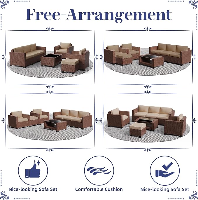 KIGOTY Patio Furniture Set 7 PCS Patio Conversation Sets, All-Weather PE Rattan Outdoor Sectional Sofa with Cushion and 2- Tier Glass Coffee Table（Brown/Camel）
