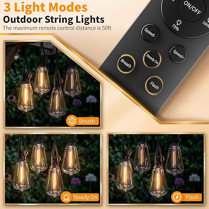 Hotsonic Remote Control Outdoor String Lights Waterproof, 100FT LED Outside Lights with Shatterproof Bulbs, Dimmable Hanging Light 3 Modes for Patio Porch Garden pergola Yard House Bistro Party decors