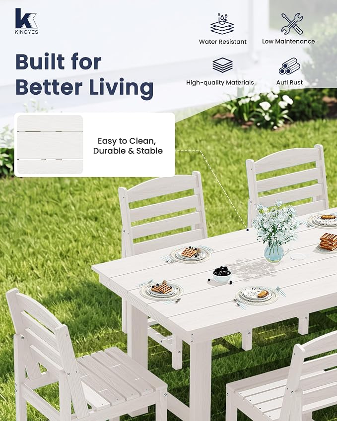 KINGYES 6-Piece Patio Dining Set, HDPE Table, Bench and Armless Chairs Outdoor Furniture Set with Umbrella Hole, White