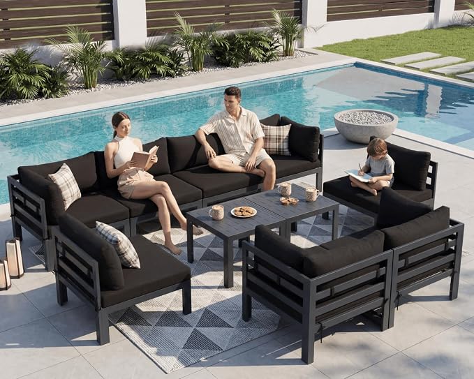 NICESOUL 10 Piece Large Luxury Aluminum Patio Conversation Set, 29" Deep Wide Comfortable Sitting, L Shaped Modular Sectional Couch, 500 lbs Heavy Duty All Weather Outdoor Sofa for Backyard, Black