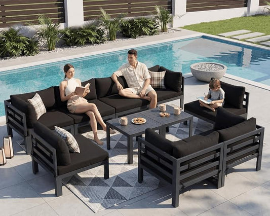 NICESOUL 10 Piece Large Luxury Aluminum Patio Conversation Set, 29" Deep Wide Comfortable Sitting, L Shaped Modular Sectional Couch, 500 lbs Heavy Duty All Weather Outdoor Sofa for Backyard, Black