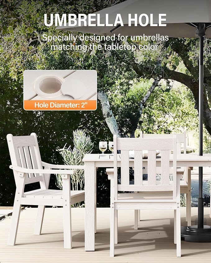 YEFU HIPS Patio Table Set: 7 Piece Outdoor Table and Chairs Dining Furniture Set with Umbrella Hole - White Modern Plastic Dining Sets 6 Person for Outside Deck with Metal Aluminum Frame