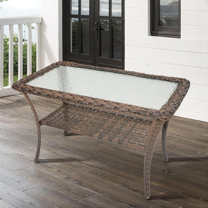 Belord 38 Inch Outdoor Coffee Table with 2 Tier Storage - Wicker Coffee Table with Water Ripple Texture Tempered Glass Top, All Weather Patio Coffee Table for Deck Porch Balcony Garden Brown