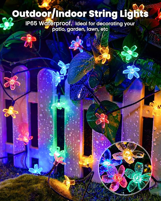 Brightown 60 LED Flower Solar String Lights Outdoor Waterproof Fairy Lights | 8 Lighting Modes & Waterproof Outdoor Lights for Garden Yard Fence Patio Christmas Tree Wedding Party Decor, Multicolor