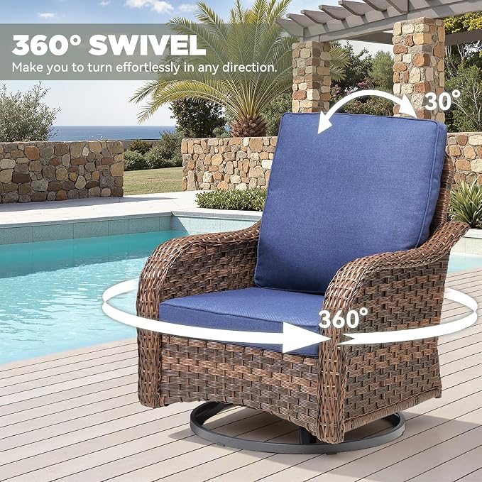 3 PCS Patio Swivel Rocking Chairs Set, Outdoor Wicker Furniture with 4-Inch Thick Olefin Cushions & Side Table, 300 lbs Capacity Swivel Rocker Chairs for Porch, Balcony, Backyard, Blue