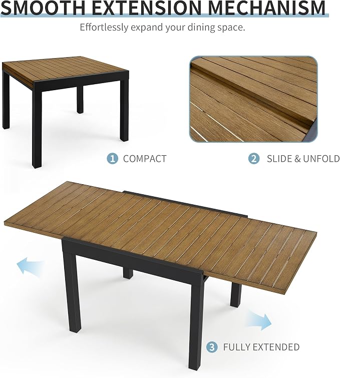 Expandable Patio Dining Table for 4-8 Person, Aluminum Extendable Outdoor Table, 38"-77" Adjustable Patio Table, Square/Rectangular Outdoor Accent Table for Garden, Backyard, Poolside, Teak