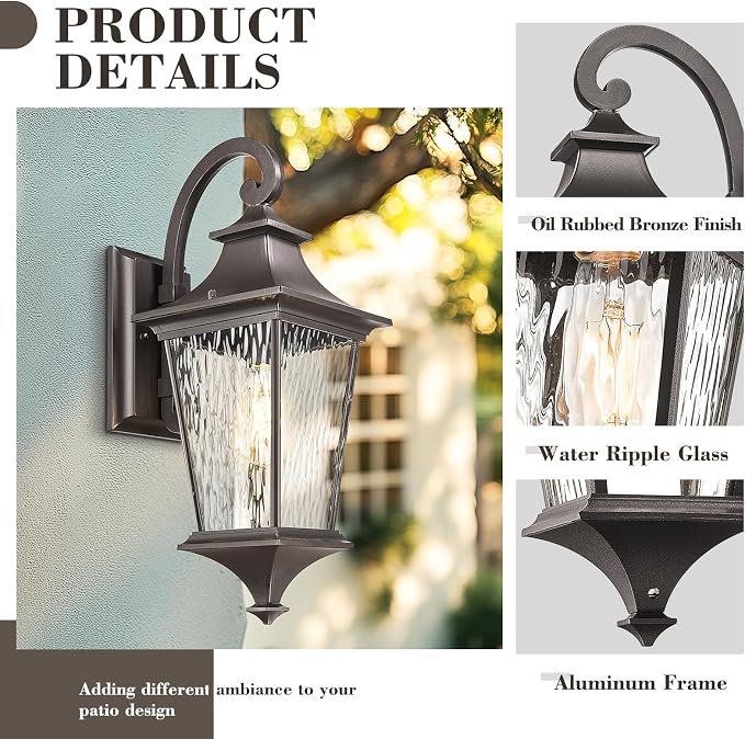 Emliviar Outside Wall Sconce Light Fixture, 21.1 Inch Rustic Wall Lantern with Water Ripple Glass, Outdoor Patio Light in Oil Rubbed Bronze Finish for Entryway, XE292B-M ORB SW