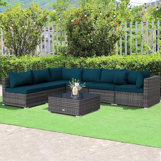 Tangkula 7 Piece Patio Wicker Furniture Set, Outdoor Rattan Sectional Sofa Set for 6 with Seat & Back Cushions, 2 Throw Pillows, Sofa Fastener Clips, for Backyard, Poolside, Deck (Peacock Blue)