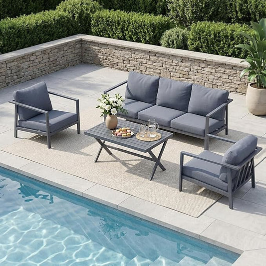 Aug-guan Aluminum Patio Furniture Set 4 Piece, Outdoor Conversation Set with 5" Cushions, Olefin Fabric, Rustproof Frame, Non-Slip Feet, Compact Patio Sofa Set for Balcony, Backyard, Porch,Grey