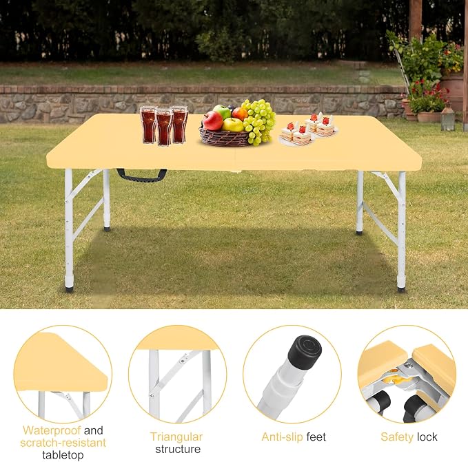 Portable 4Ft Folding Table, Heavy Duty Plastic Fold-in-Half Utility Foldable Table, Adjustable Height Plastic Folding Table with Carrying Handle for Camping &Party Indoor/Outdoor(Light Yellow)
