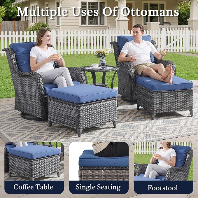 Outdoor Patio Furniture Set-5 Piece Outdoor Swivel Rocker Chairs with Ottomans Patio Furniture Set for Deck Balcony Poolside Backyard-Grey/Blue
