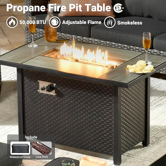 ovios 6 Pieces Patio Furniture Set with Fire Pit Table, Outdoor Wicker 3-Seat Sofa with Comfy Cushion, High Back Rattan Conversation Set for Deck Porch, Black