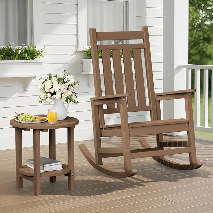 SERWALL Round Adirondack Side Table, 16.5" Double Outdoor Side Table, HDPE Small End Tables for Backyard Pool Porch Garden Lawn, Brown