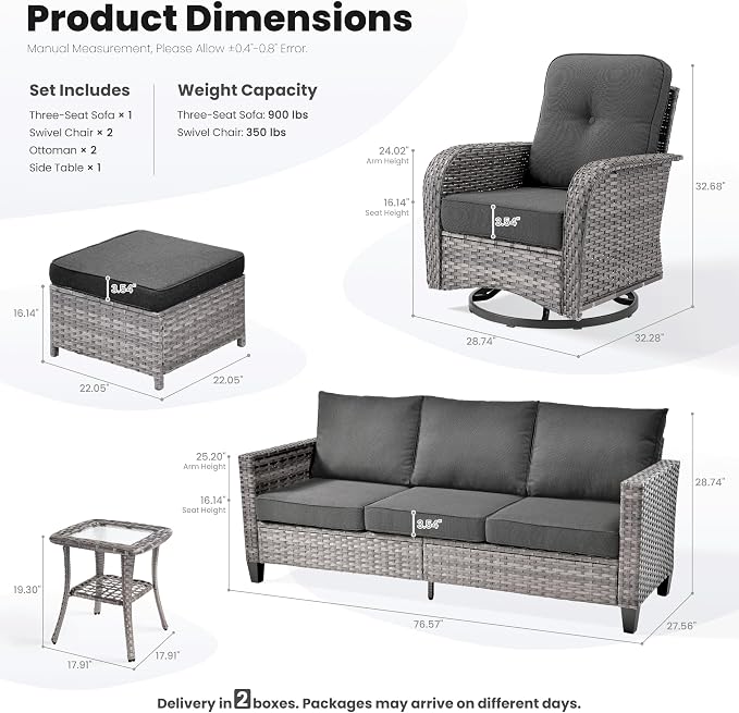ovios 6 Pieces Patio Furniture Set, Outdoor Wicker Sofa Couch with Swivel Glider Chairs Comfy Cushions, Modern Deep Seat Rattan Conversation Sets for Deck Porch, Black