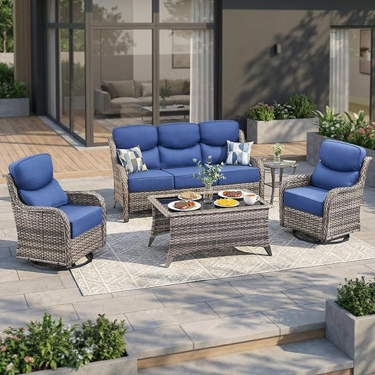 Luxury Swivel Rocker Chairs Sofa Set with 6" Thick Cushion 5 piece Wicker Outdoor Patio Chair with Coffee Table High Back Comfortable Outdoor Patio Furniture Set - Gery | Blue