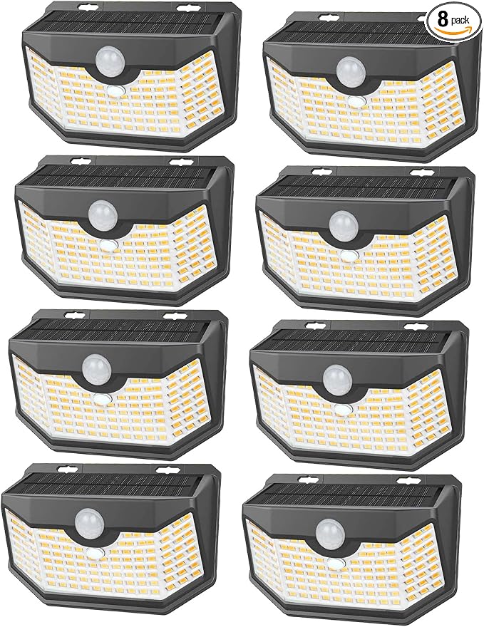 HMCITY 120 LED Solar Lights Outdoor Motion Sensor, 8 Pack, Black Warm | 3 Lighting Modes, IP65 Waterproof, Front Button Control, Wide Solar Wall Lights Ideal for Garden Patio Yard