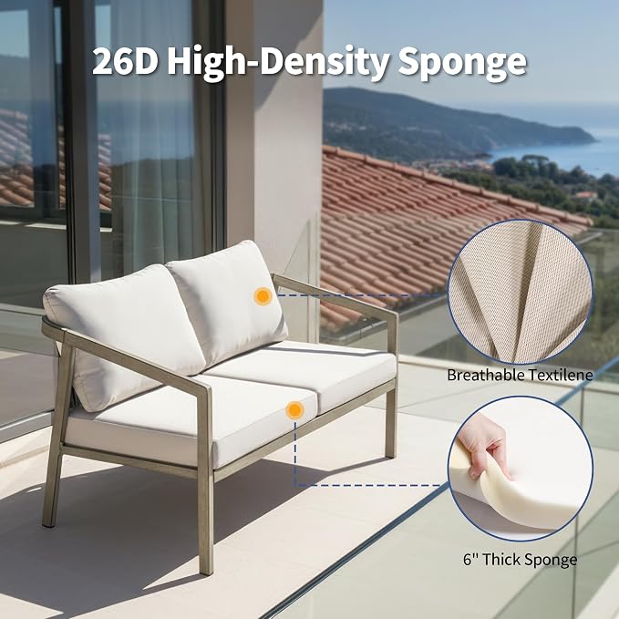 Outdoor Patio Loveseat Sofa, Aluminum 2-Seater Conversation Set with Washable Thick Cushions, Never-Rust Modern Garden Couch Bench for Porch, Poolside, Backyard (Grey+Beige)