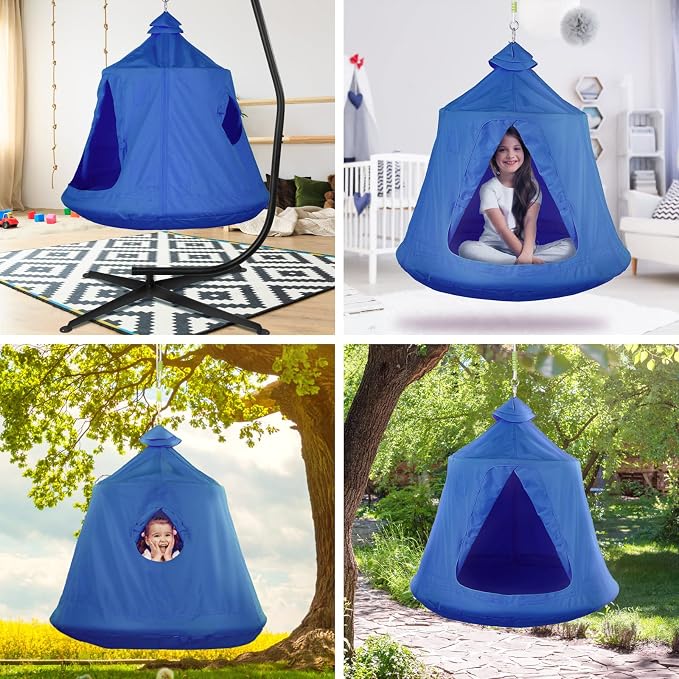 Hanging Tree Tent for Kid, Indoor Outdoor Hanging Tent, Waterproof Tree Ceiling Pod, Portable Hang Out Huggle Pod Play Tent w/Rainbow Lights String, Inflatable Base, 45" H x 44" W 330lbs