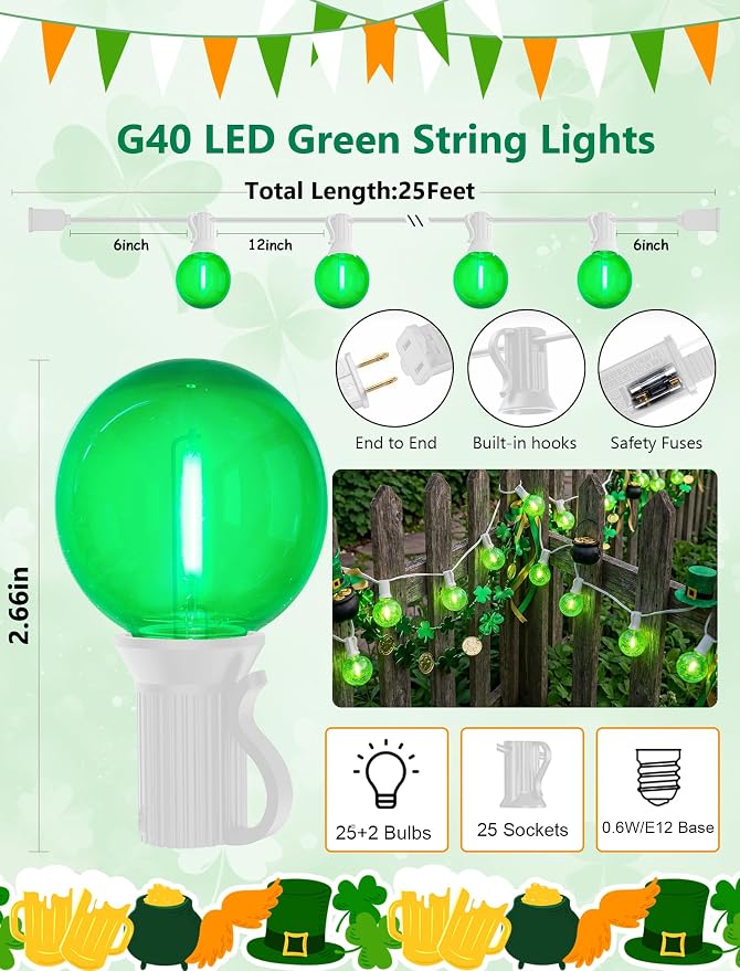 25Ft G40 LED Outdoor Globe String Lights, Outdoor St. Patrick's Day Decorations Lights with 27 Shatterproof Green Bulbs, Hanging Patio Light Waterproof for Irish-themed Party Backyard Garden Wedding