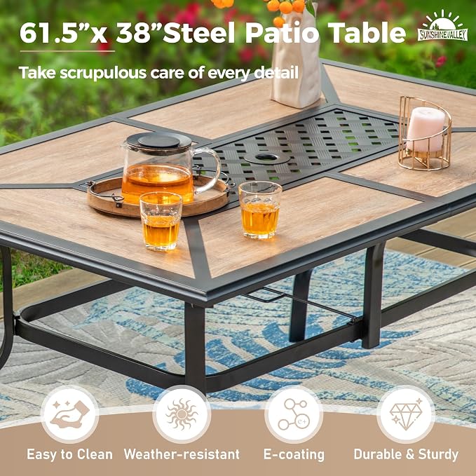 SUNSHINE VALLEY 7 Pcs Patio Dining Set for 6, Metal Rectangular Dining Table (PVC Table Top) with Umbrella Hole and 6 Chairs, Outdoor Dining Set for Lawn Garden Deck, Brown
