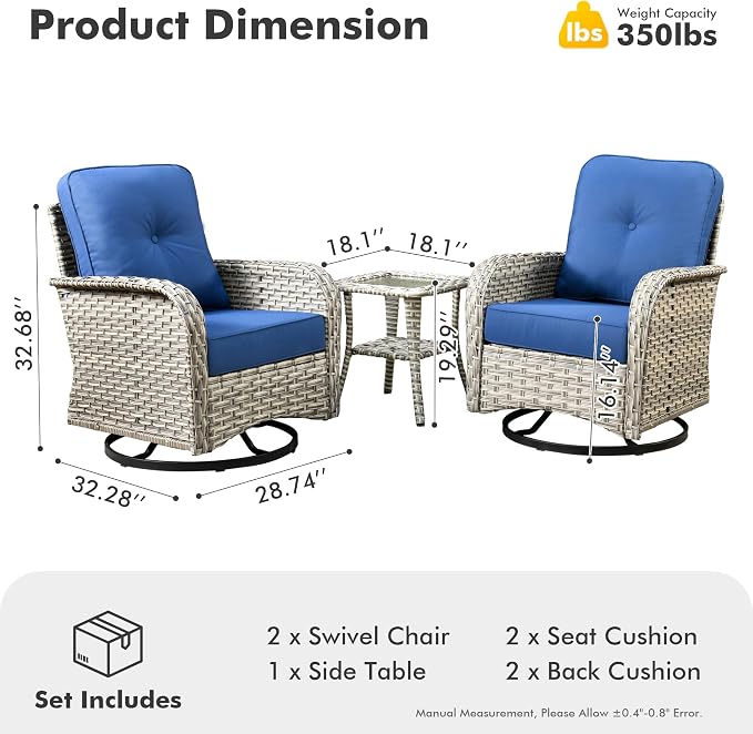 Outdoor Swivel Rocker Patio Chairs,Wicker Glider Swivel Rocking Chair Set of 2,Patio Rocking Swivel Chair Set with Rattan Side Table, Navy Blue