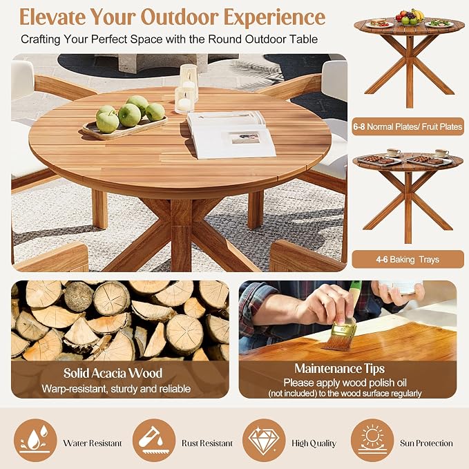 Solid Wood Outdoor Patio Dining Set, Outdoor Patio Dining Furniture Set,5 Piece Round Wooden Table with 4 Upholstered Armchairs, Patio Furniture Set for Backyard Garden Deck