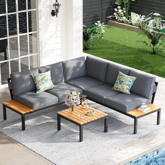 5-Person Outdoor Patio Furniture Set, Durable Metal Frame Outdoor Sectional with Wood-Look Table & Waterproof Cushions, All-Weather Conversation Set for Garden, Balcony, Poolside-Grey