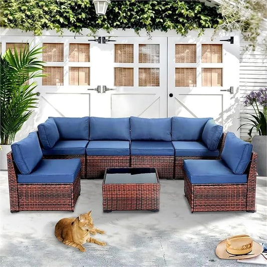 7 Pieces Patio Conversation Sets, All Weather Outdoor Sectional Patio Sofa, Manual Weaving Wicker Rattan Patio Seating Sofas with Thick Cushions and Coffee Table(Blue)