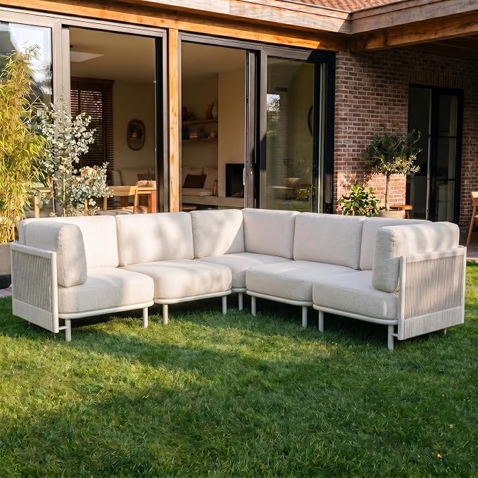 LayinSun 5 Pieces Patio Furniture Set, Modern Outdoor Modular Sectional Conversation Set L-Shaped Sofa with 7-inch Cushion for Garden Backyard Deck