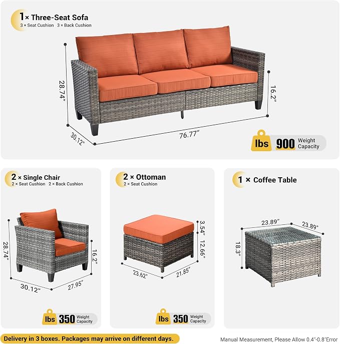 ovios 6 Pieces Patio Furniture Set, Outdoor Wicker Sofa Couch with Glass Table Comfy Cushions, All Weather Grey Rattan Conversation Set for Backyard Deck Porch, Orange Red