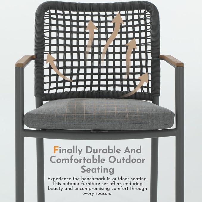Modern Shade Riviera Outdoor Dining Chairs Set of 6, Fade Resistant, All-Aluminum Woven Rope Outdoor Chairs with FSC Teak Wood Armrests, Weather-Resistant Patio Chair with Quick Dry Cushion, Gray