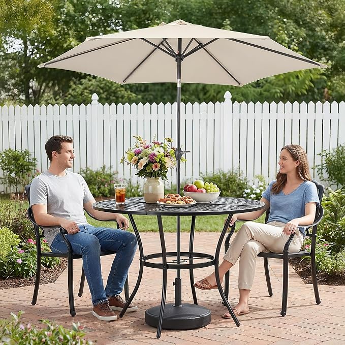 VINGLI 42" Round Outdoor Dining Table with Patio Umbrella - Heavy-Duty Iron Patio Table with Push-Button Umbrella for Patio, Deck, Backyard (Table with Umbrella)
