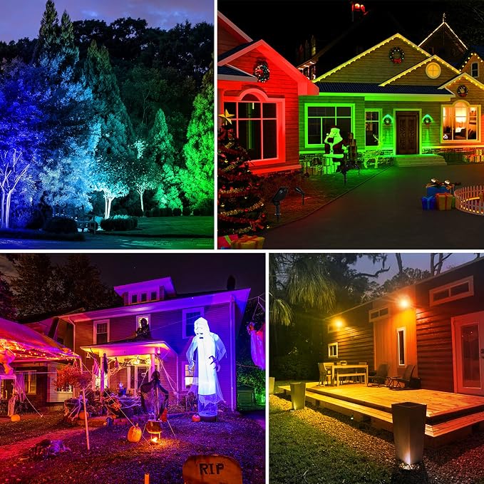 T-SUNUS RGB Solar Landscape Spotlights Christmas, Color Changing Spot Lights Waterproof IP65 Garden Pond Light, 180° Adjustable Wall Tree Light Separately Installed for Outdoor/Indoor Halloween 4 Pack | 4 Pack, Separated For Garden Pond Tree