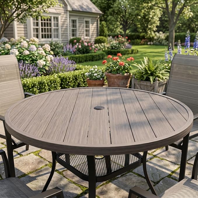 VICLLAX Metal Outdoor Dining Table for 4, All Weather 40.7" Black Round Patio Table with Adjustable Umbrella Hole for Lawn, Garden, Balcony and Poolsides, Grey Wood Grain Tabletop