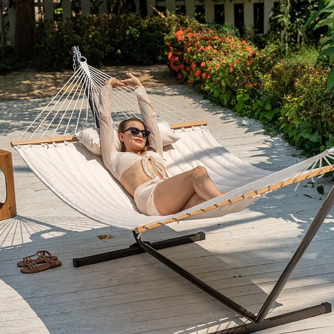 Lazy Daze Hammocks 2 Person Hammock with 12FT Stand for Outside, Quilted Double Hammock with Detachable Pillow, Balance Strap & Carrying Bag Included, 450lbs Capacity, Easy Tool-Free Assembly, Natural