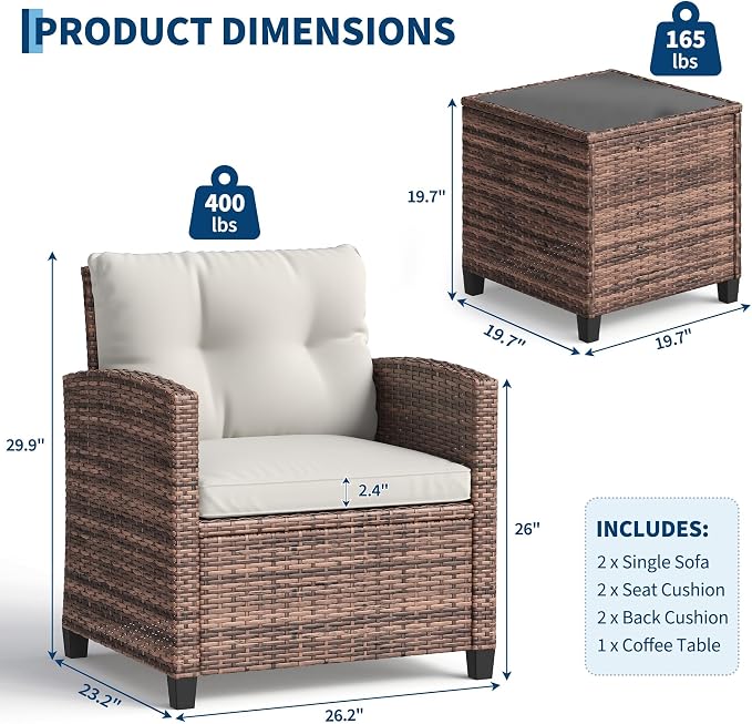 GarveeHome 3-Piece Outdoor Wicker Sofa Set, PE Rattan Patio Furniture with Removable Washable Beige Cushions & Tempered Glass Table, Conversation Seating for Garden, Poolside, Balcony, Brown Wicker