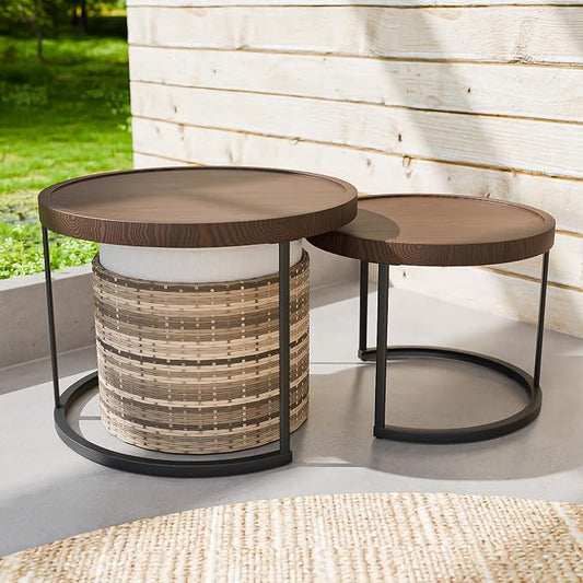 EAGLE PEAK Sunset Dune Collection Round Modern Nesting Coffee Tables, Wood Grain Top Stacking Accent Tables, Matching Ottoman, Indoor Outdoor, Set of 3, Brown