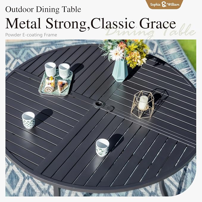 Sophia & William Round Patio Dining Set for 4 with Aluminum Chairs, Grey | Metal table, Stackable sling chairs, Breathable & quick-drying, Light-weight & space-saving, Umbrella Hole, Outdoor, 5 piece
