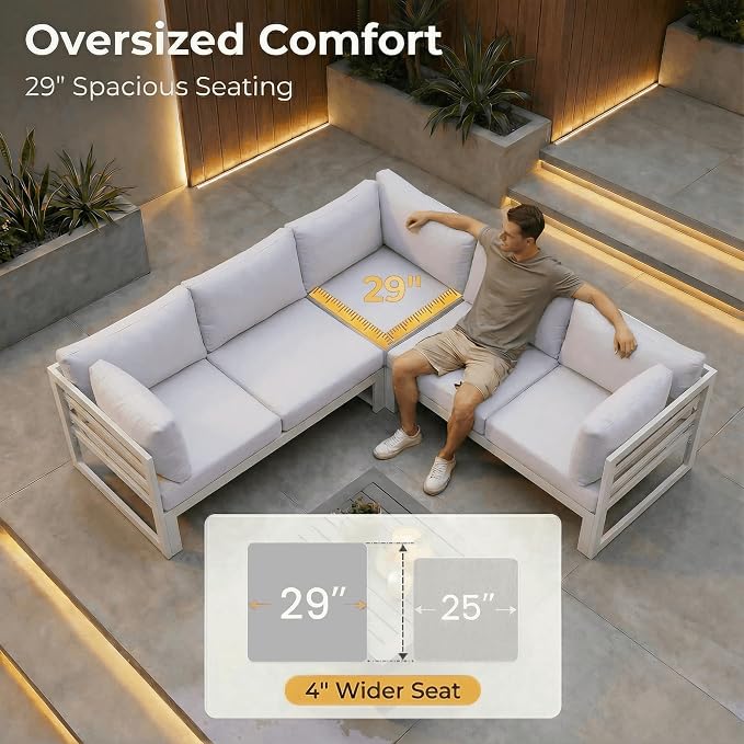 NICESOUL 9 Piece Luxury Aluminum Outdoor Sectional Sofa with Fire Pit Table, Oversized L Shaped Patio Furniture Set, 29" Deep Wide Seating, 500 lbs Heavy Duty Conversation Set for Backyard, Light Grey