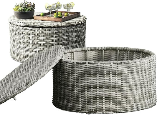 Pemberly Row Contemporary Outdoor Coffee Table, 30-Inch Round Wicker Top, Gray Finish, Weather-Resistant, Hidden Storage, Rust-Resistant Metal Frame, Adjustable Feet, Modern Patio Furniture