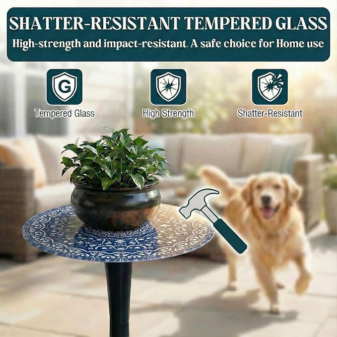 Gesodant 13.4" Outdoor Side Table, Round Patio Bistro Table with Boho Tempered Glass Top, Waterproof Rust-Proof Base, Small Plant Stand for Balcony, Garden, Deck, 21.6" H (Blue Maze)