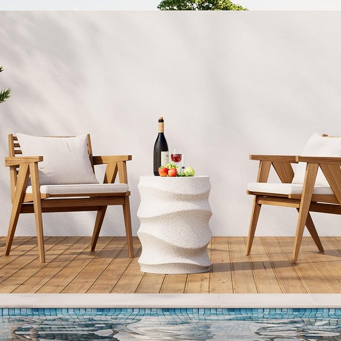 HOMPUS Outdoor Side Table Set of 2, Patio End Table w Water Wave, Unique MgO Lightweight Concrete Accent Table, Modern Vintage Garden Tool for Indoor Outdoor Use, Warm White