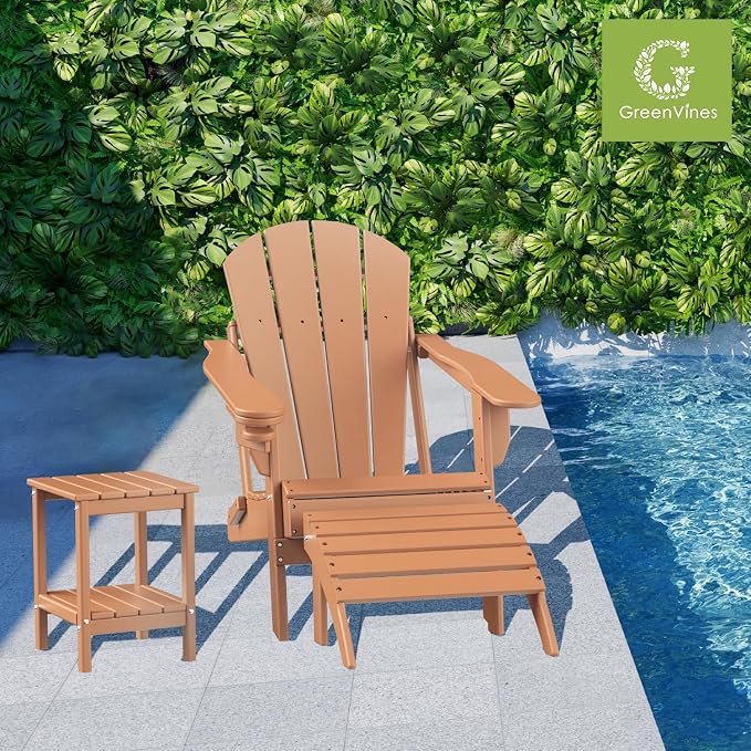 GREENVINES Adirondack-Outdoor-Side-Table | 14 x 13 Inches | HDPE Plastic | All Weather | Teak | Outside End Tables | Storage Shelf | for Patio Porch Backyard Indoor
