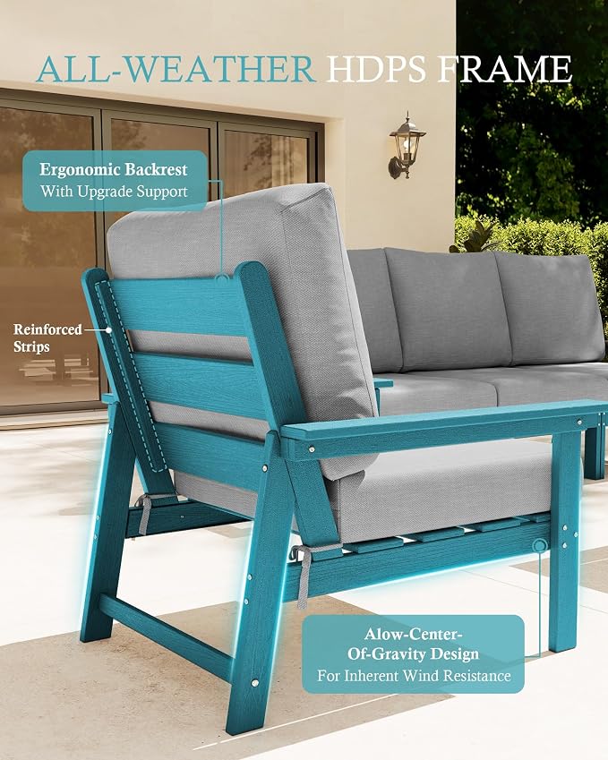 Ciokea Modular Patio Furniture Set with Thicked Cushions, 7Pcs All-Weather Outdoor Conversation Set with Coffee Table & Side Table, Modern Sectional Sofa Set for Deck (Blue Frame/Grey Cushions)