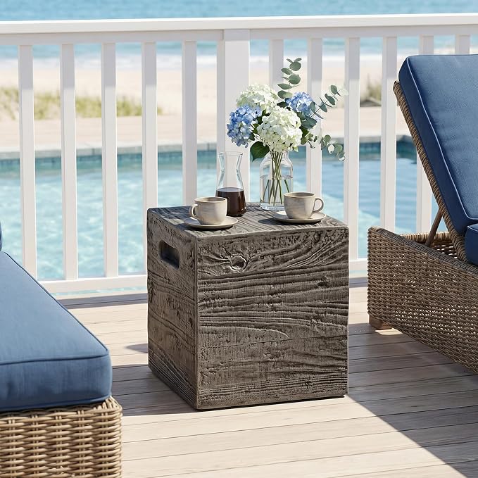 SUNBURY Outdoor Side Table, Faux Wooden Concrete Side Table, Square Lightweight End Table, Patio Accent Stump Stool Decorative for Planter Stand, Deck or Garden, Antique Black