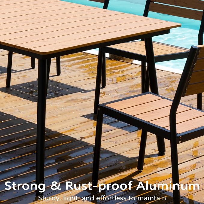 11-Piece Outdoor Dining Set for 10 Person with Teak Wood-Grain Top | Armless Stackable Chairs with 19.4" Seat Depth, Aluminum Frame Dining Furniture with Umbrella Hole for Deck, Porch & Backyard