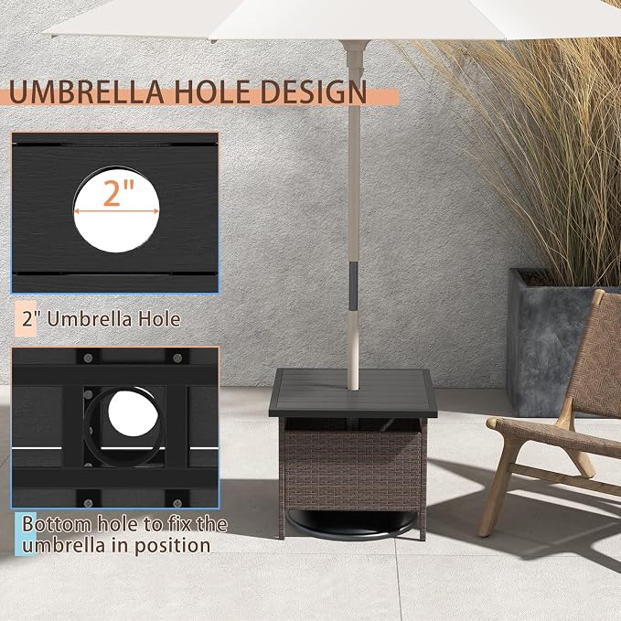 LUARANE Rattan Umbrella Side Table, Outdoor Wicker Stand Table with Umbrella Hole Steel, Suitable for Gardens, Balconies, Poolside (HDPE Tabletop)